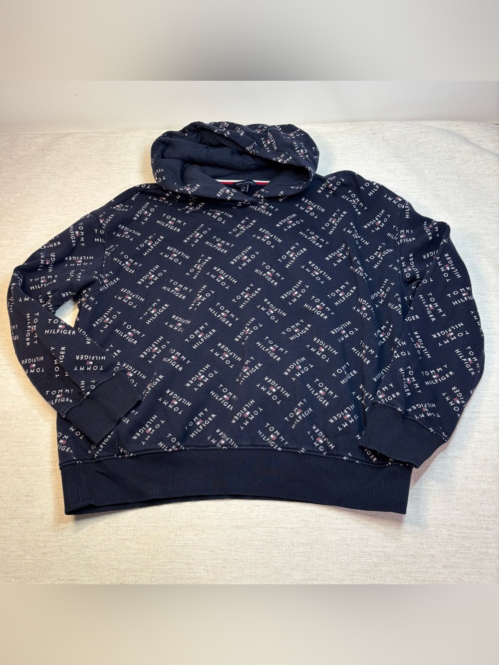 Tommy Hilfiger women’s size L Navy All-Over Logo Pullover Hoodie long sleeve